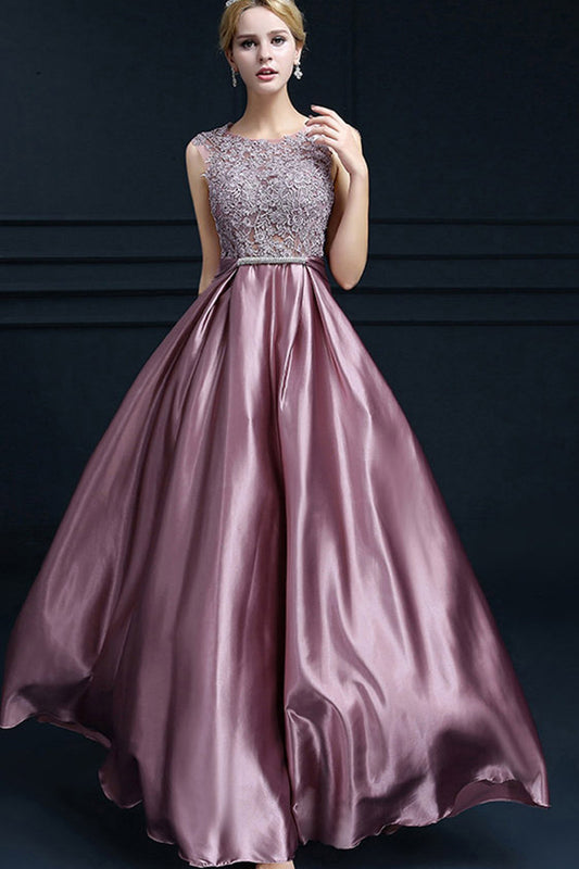 Lace Top Fit-and-Flare Satin Prom Party Dress