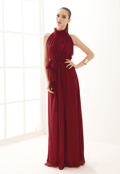 Ruffle Neck Solid Chiffon Boho Dress