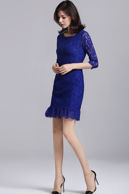 ELEGANT SLIM ROUND NECK 3/4 SLEEVE LACE PLEATED PARTY DRESS