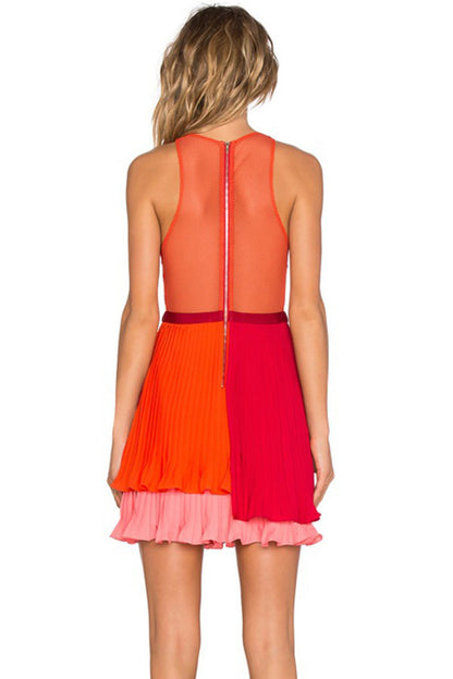 Color Block Rosette Top With Tiered Pleated Short Cocktail Dress
