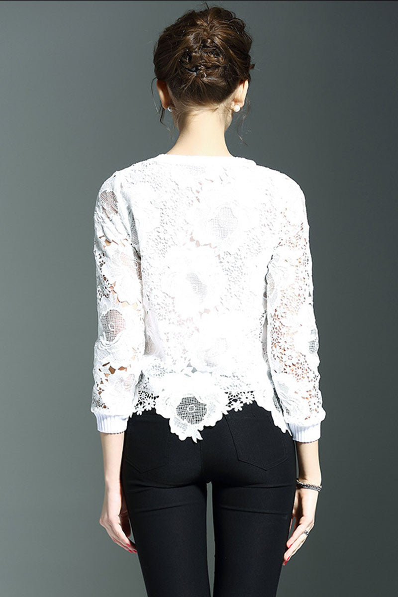 Lace Slim Sheer Long Sleeve Slim Fit Tops - NJOYDRESS - 2