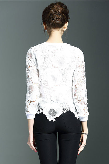 Lace Slim Sheer Long Sleeve Slim Fit Tops - NJOYDRESS - 2