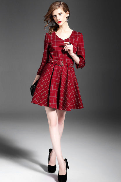 V Neck Shirring Waist Plaid Flare Dress With Belt