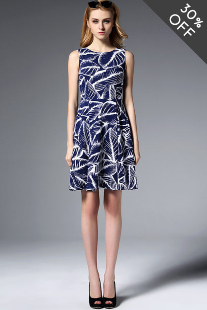 [30% OFF TILL 8 APR] Round Collar Leaves Pattern Pleated Full Dress