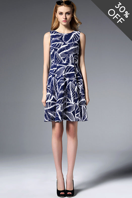 [30% OFF TILL 8 APR] Round Collar Leaves Pattern Pleated Full Dress