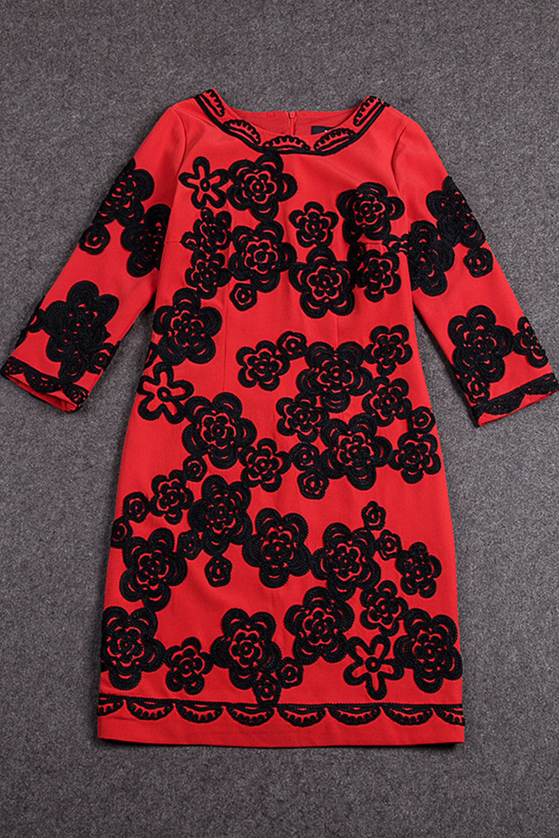 WOMEN'S PRINT AND FLORAL ROUND NECK 3/4 SLEEVE PARTY DRESS