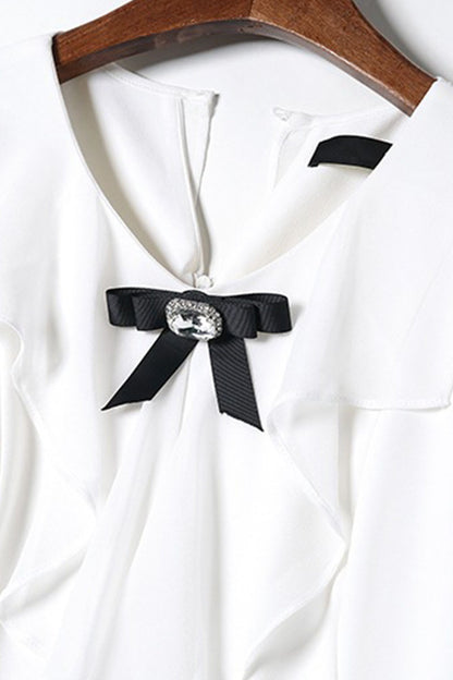 Bowknot CollarFlare Sleeve Irregular Chiffon Ruffle Slim Dress