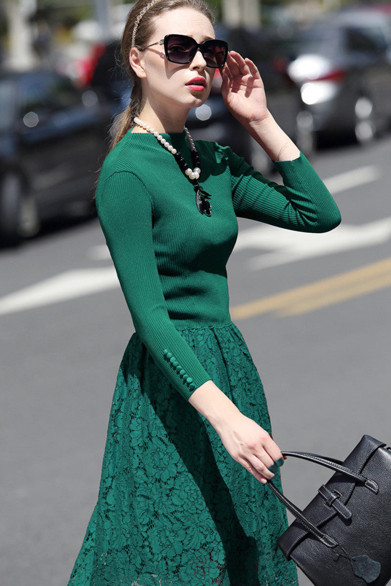 Rib Slim Top With Camellia Pattern Lace Skirt Dress