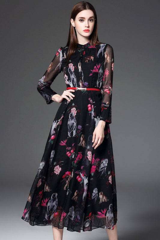 Casual  Chiffon Floral Printed Slim  Long Maxi Dress With Belt