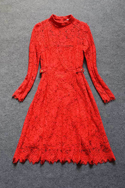 WOMEN'S ELEGANT LACE ROUND NECK LONG SLEEVE COCKTAIL PARTY DRESS