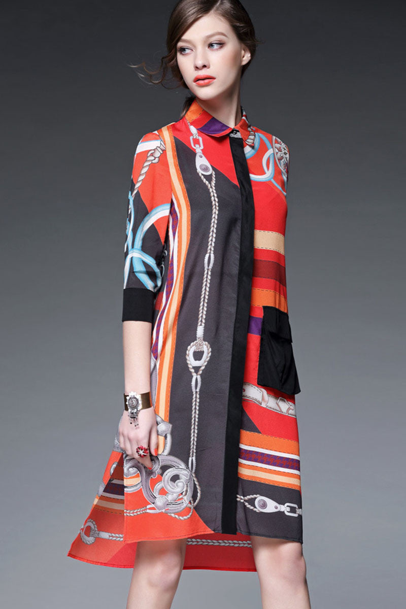 Roll Collar Pattern Print Single Button Side Slit Long Shirt Dress - NJOYDRESS - 2