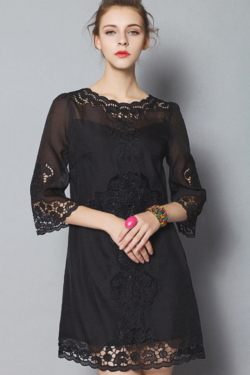 Scarlet 3/4-Sleeve Embroidered Shift Cocktail Dress