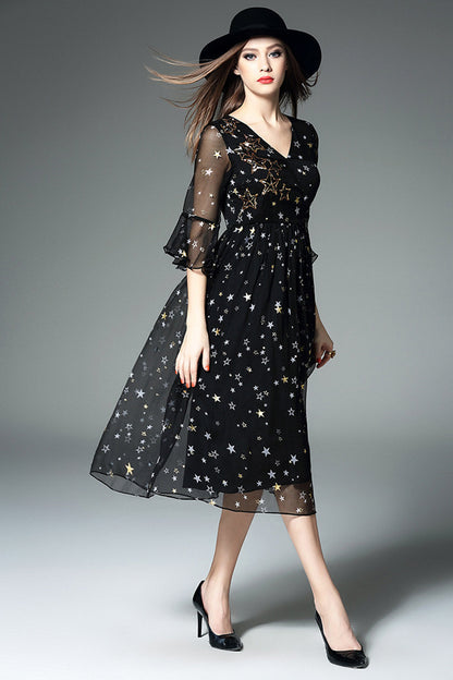 Deep-V Ruffle Sleeve Star Pattern Dress - NJOYDRESS - 2