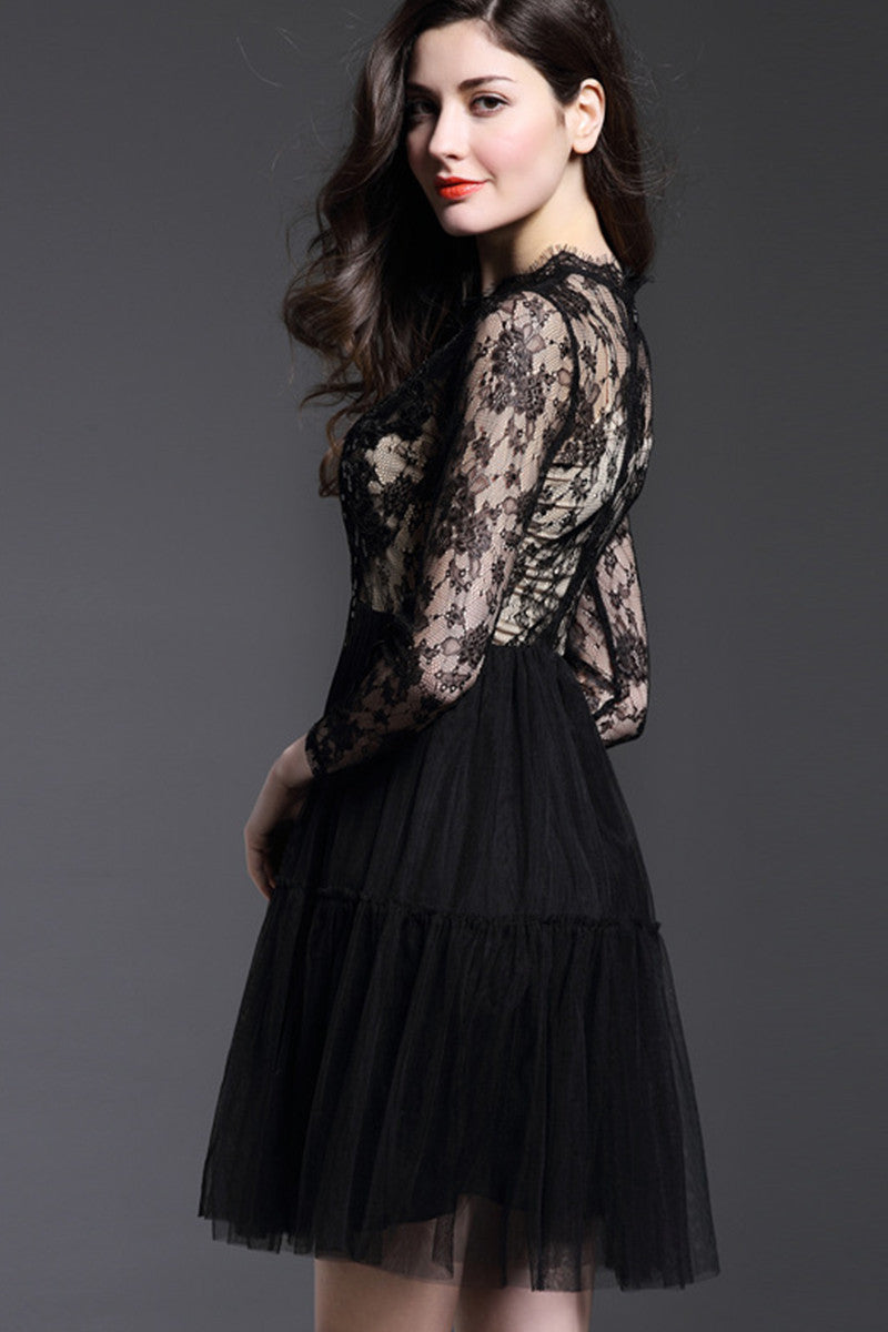 Elegant Sheer Mesh Lace Embroidery Little Black Skirt