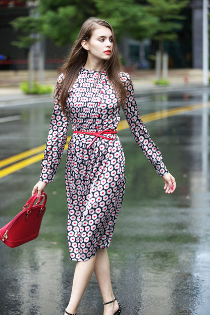 Stand Collar Floral Pattern Pleat Dress With Belt - NJOYDRESS - 1