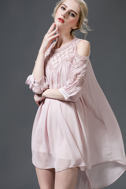 Beaded Open Puff Sleeve Loose Runched Hi-Low Dress