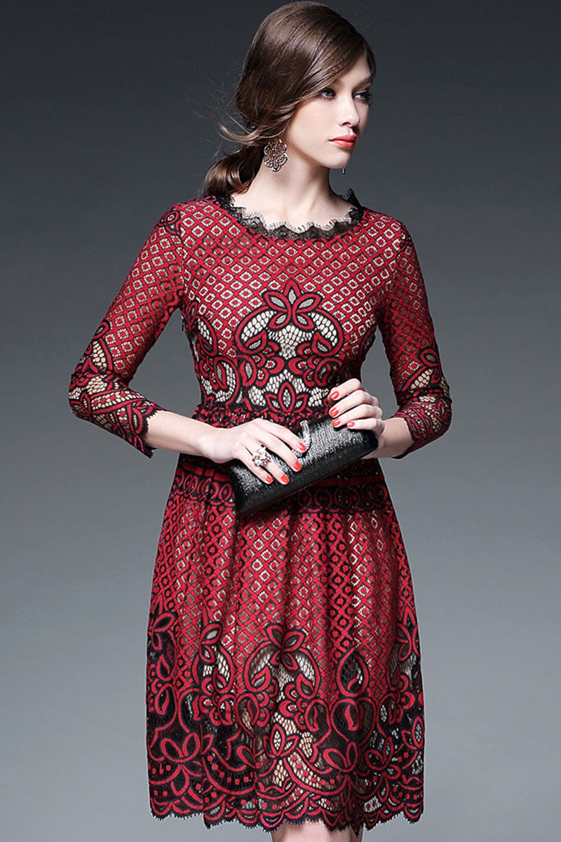 Lace Round Collar Cutout Pattern A-line Dress - NJOYDRESS - 1