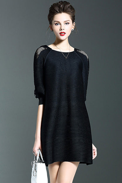 Boat Neck Hollow Out 3/4Sleeve Loose Dress