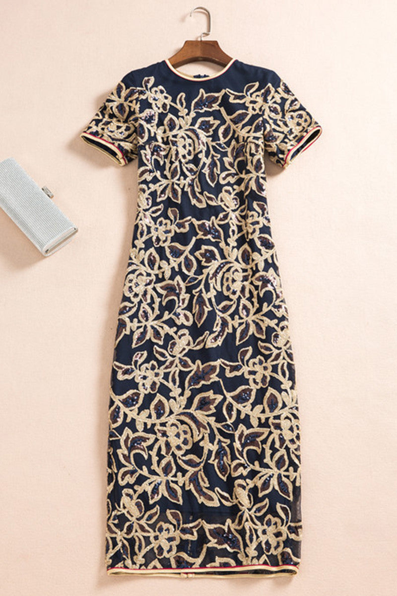 ELEGANT BEADED SHORT SLEEVE ROUND NECK MIDI DRESS