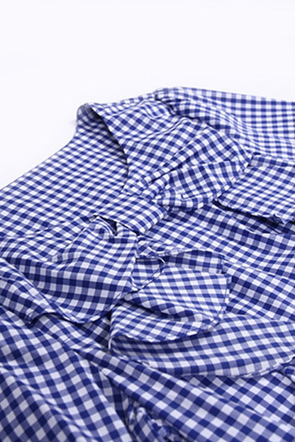Grid Ruffle Neck Blouse