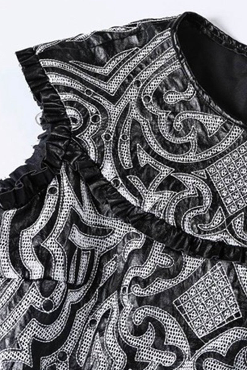 Round Collar Embroidery PU Patch Dress