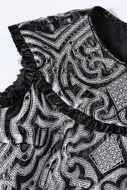 Round Collar Embroidery PU Patch Dress