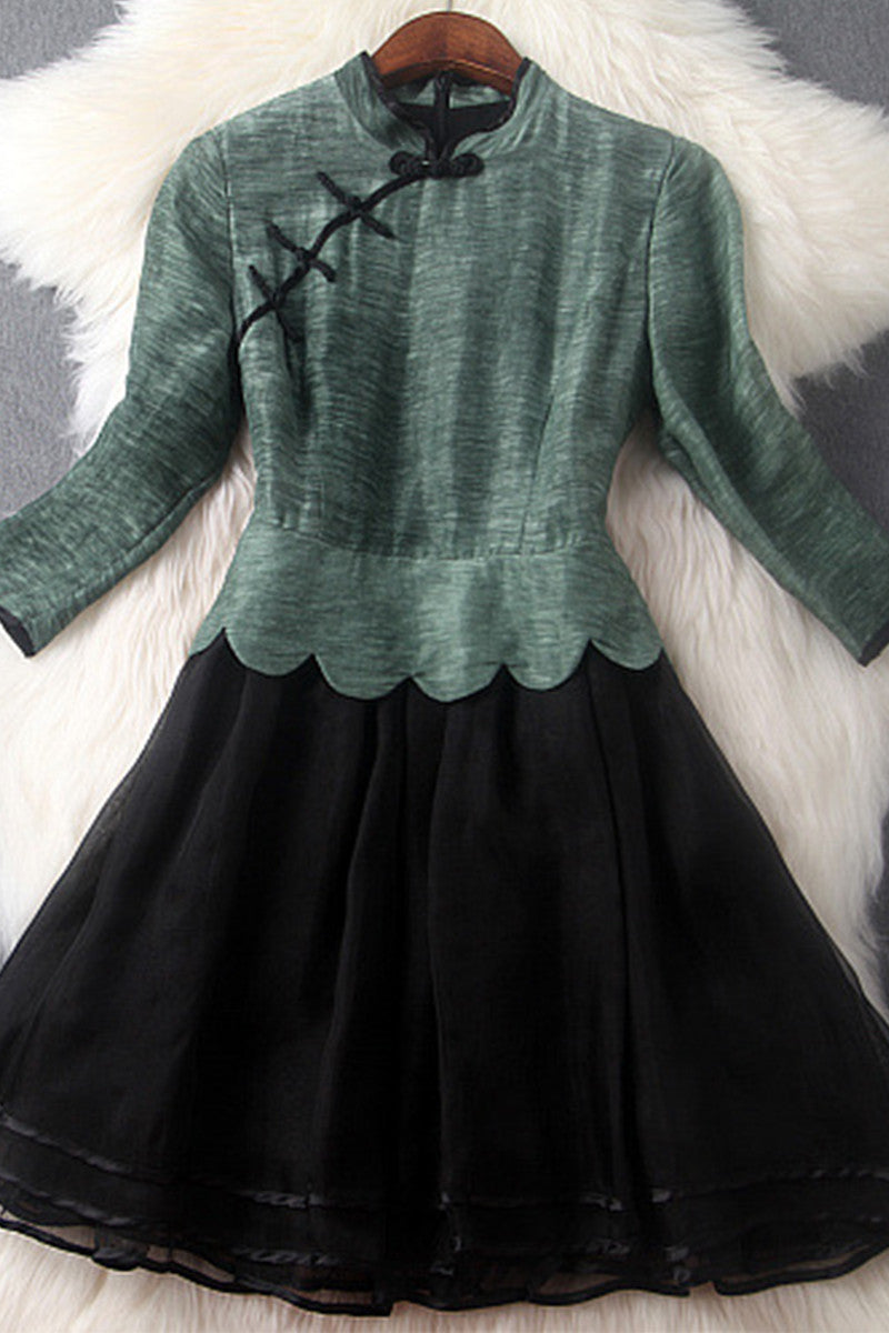 Stand Collar Chi-Pao Button Wavy Hemline Mesh Patch Slim Dress