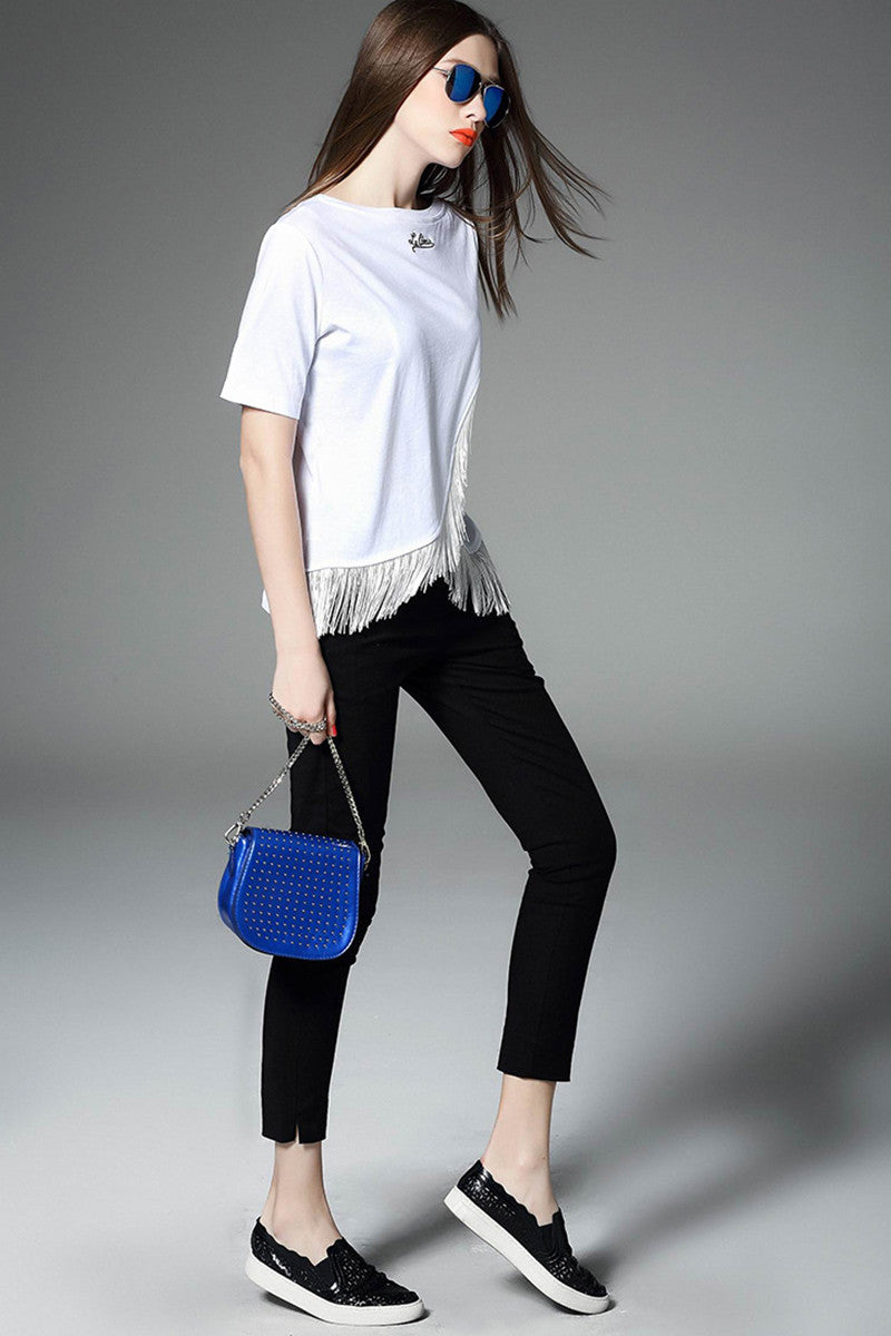 Casual Slim Short Sleeve With Tassels Two Ways Wear Tops