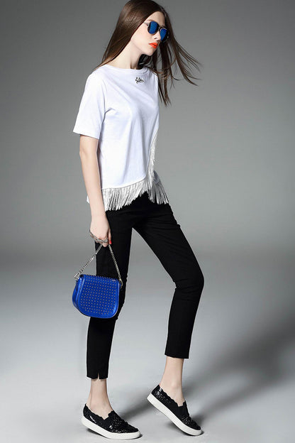 Casual Slim Short Sleeve With Tassels Two Ways Wear Tops