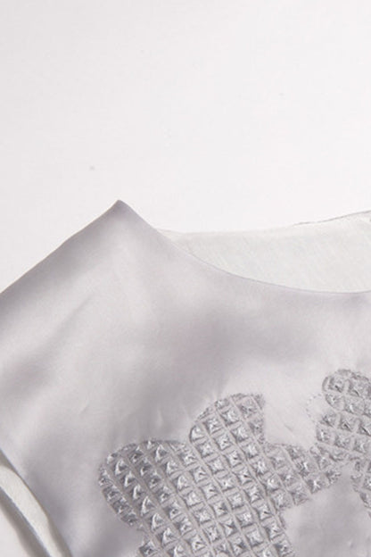Round Collar Embriodery Sheer Mesh Hem  Dress
