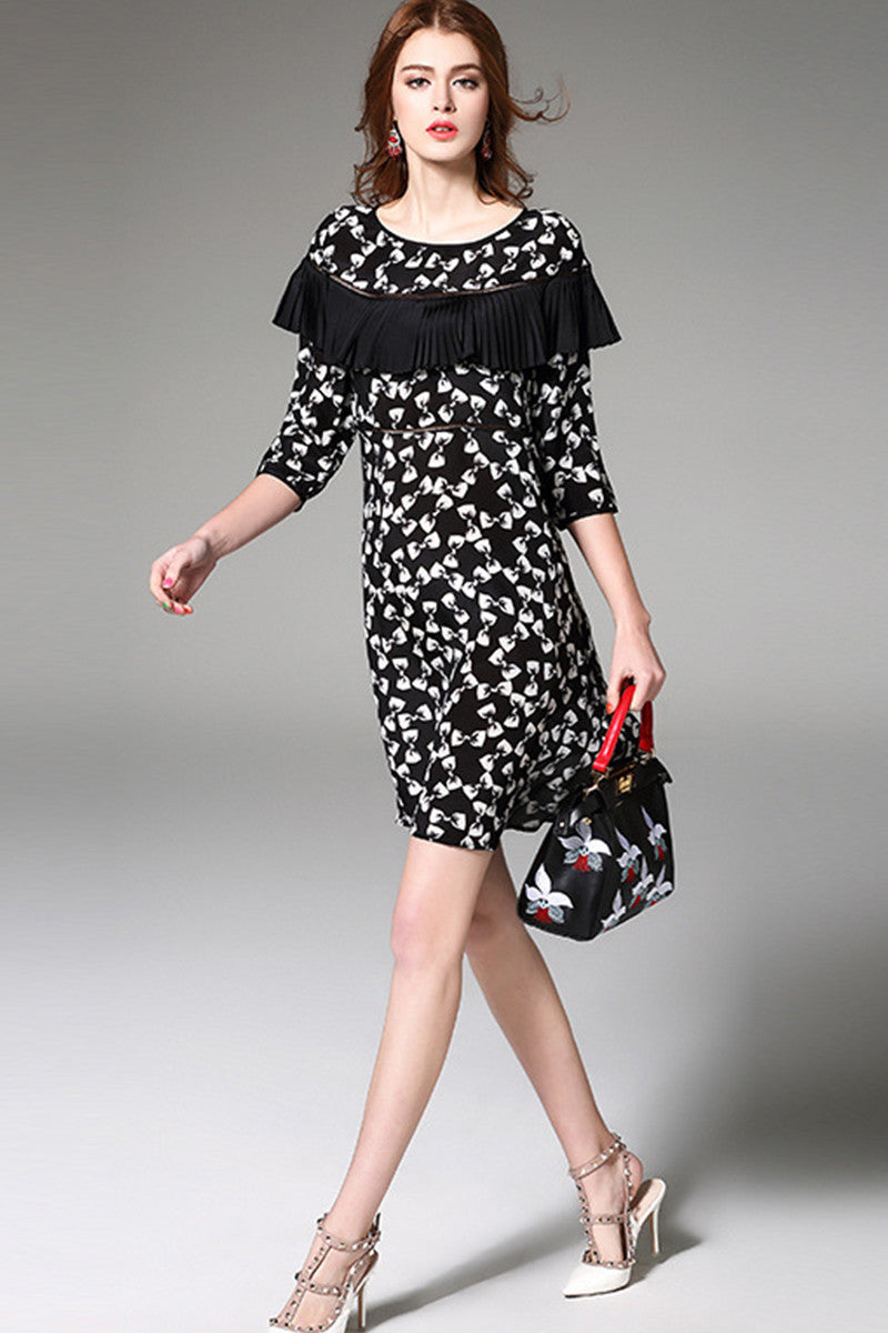 [30% OFF TILL 8 APR] Cute Bow Print Ruffle Pleat Shoulder Half Sleeve Little Back Casual Dress