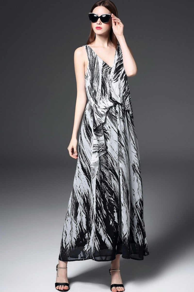 Deep V Neck Printing Irregularity Hem Empire Mixi Dress