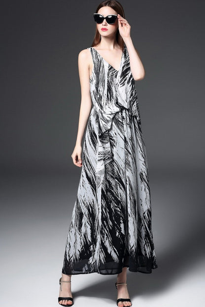 Deep V Neck Printing Irregularity Hem Empire Mixi Dress