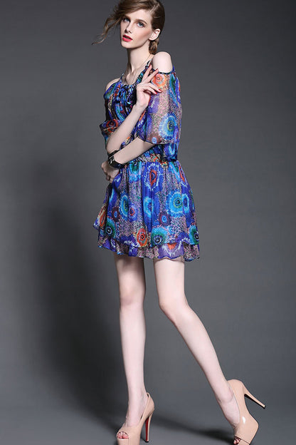 Cold Shoulder Multi Floral Short Casual Dress