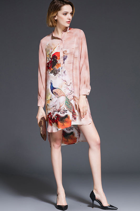 Stand Collar Peacock Pattern Front Short Long Back Dress - NJOYDRESS - 1