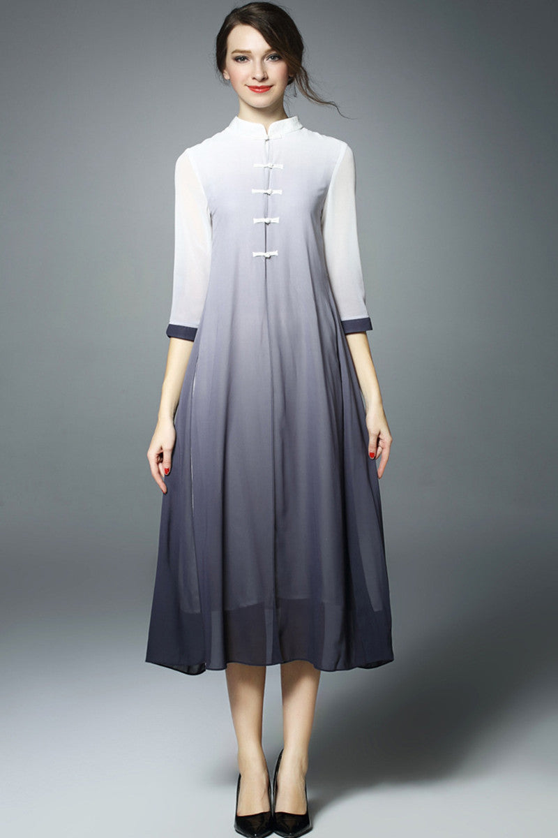 Stand Collar Chi-Pao Buttom Side Slit Midi Dress