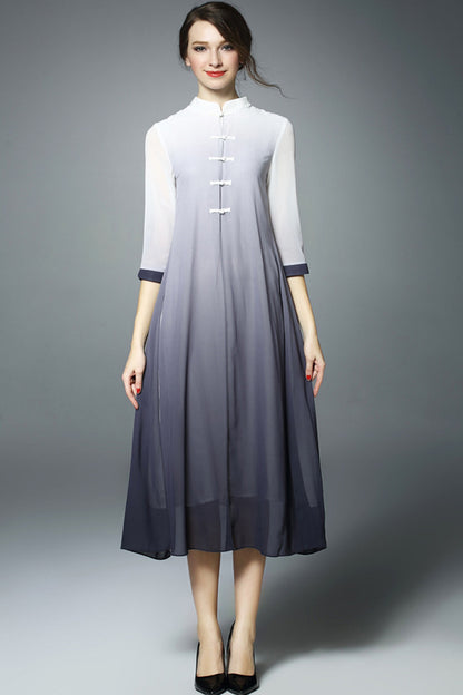Stand Collar Chi-Pao Buttom Side Slit Midi Dress