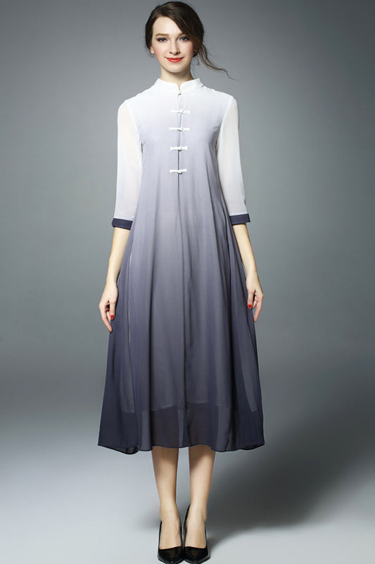 Stand Collar Chi-Pao Buttom Side Slit Midi Dress