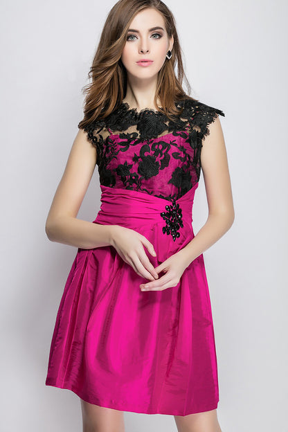 Lace Illusion Beaded Runched Pleat Dress