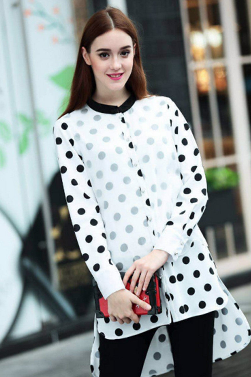 Big Dot Two Layer Button Down High-low Shirts With Side Slit - NJOYDRESS - 1