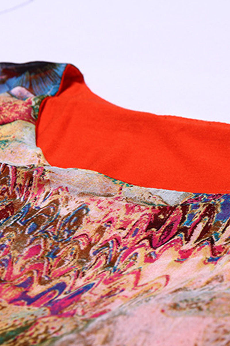 Round Collar Colorful Printed Chiffon Flare Dress