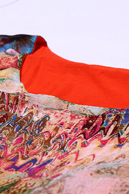 Round Collar Colorful Printed Chiffon Flare Dress