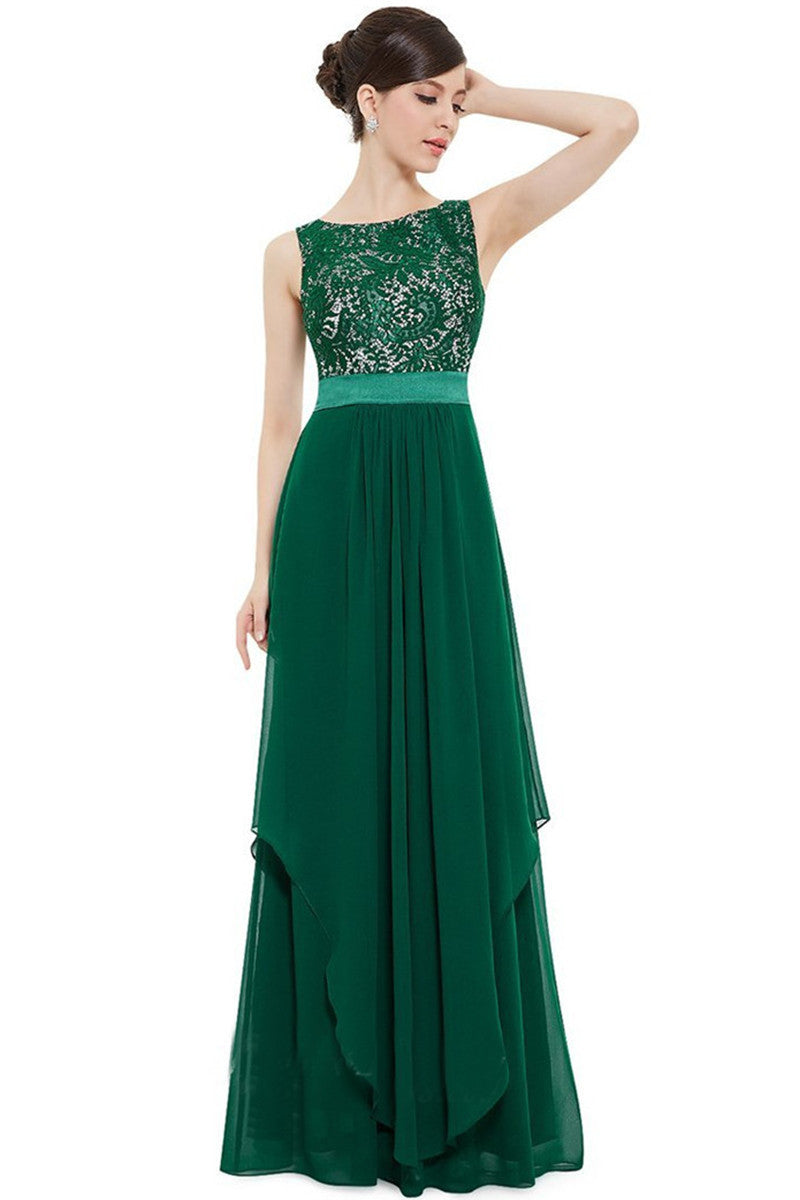 Round Collar Lace Applique Empire Waist Backless Flare Hem Tulle Gown Dress