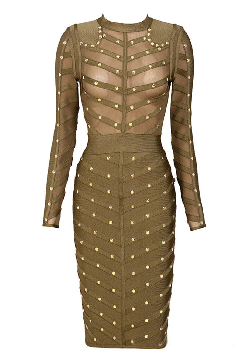 Studed Lace Srtipe Bodycon Long Sleeve Wrap Midi Dress