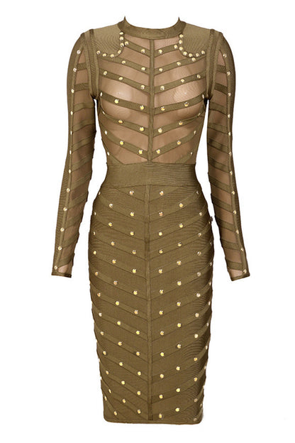 Studed Lace Srtipe Bodycon Long Sleeve Wrap Midi Dress