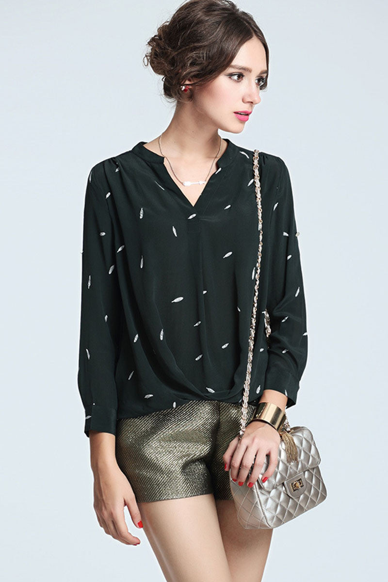Slit V Neck Pattern Loose Blouse