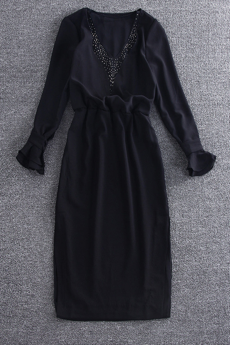V-Neck With Stud Decroration Mandarin Sleeve Dress - NJOYDRESS - 1