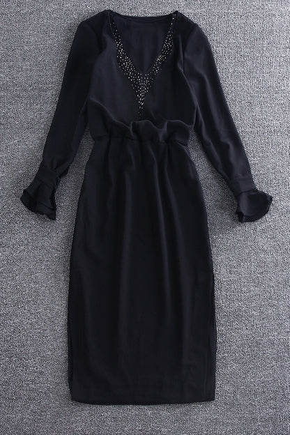 V-Neck With Stud Decroration Mandarin Sleeve Dress - NJOYDRESS - 1