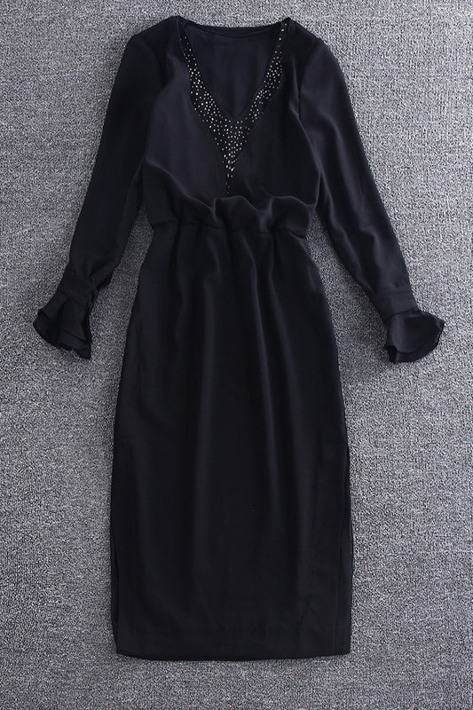 V-Neck With Stud Decroration Mandarin Sleeve Dress - NJOYDRESS - 1