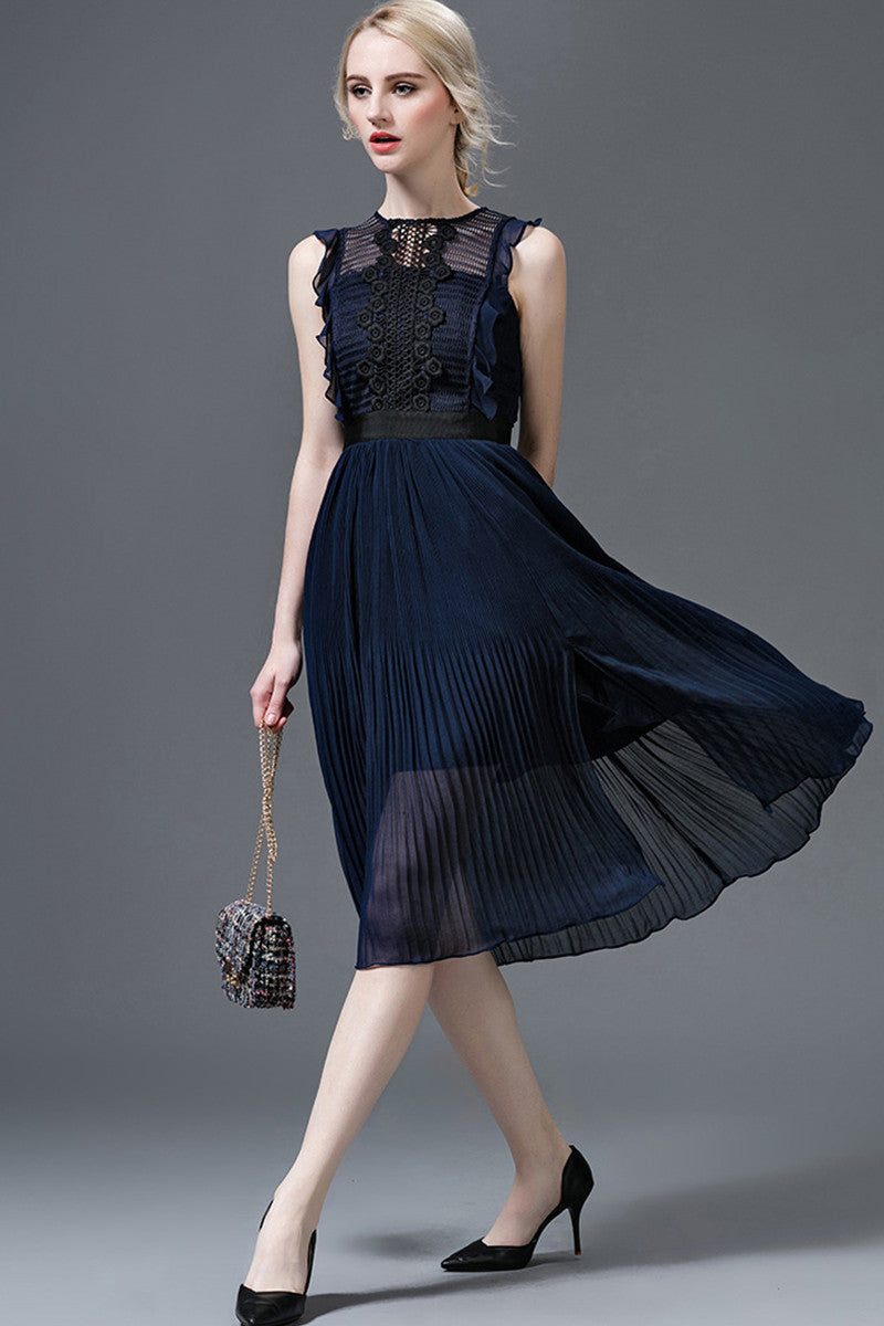 Lace-Inset Ruffle Pleated Midi Cocktail Dress